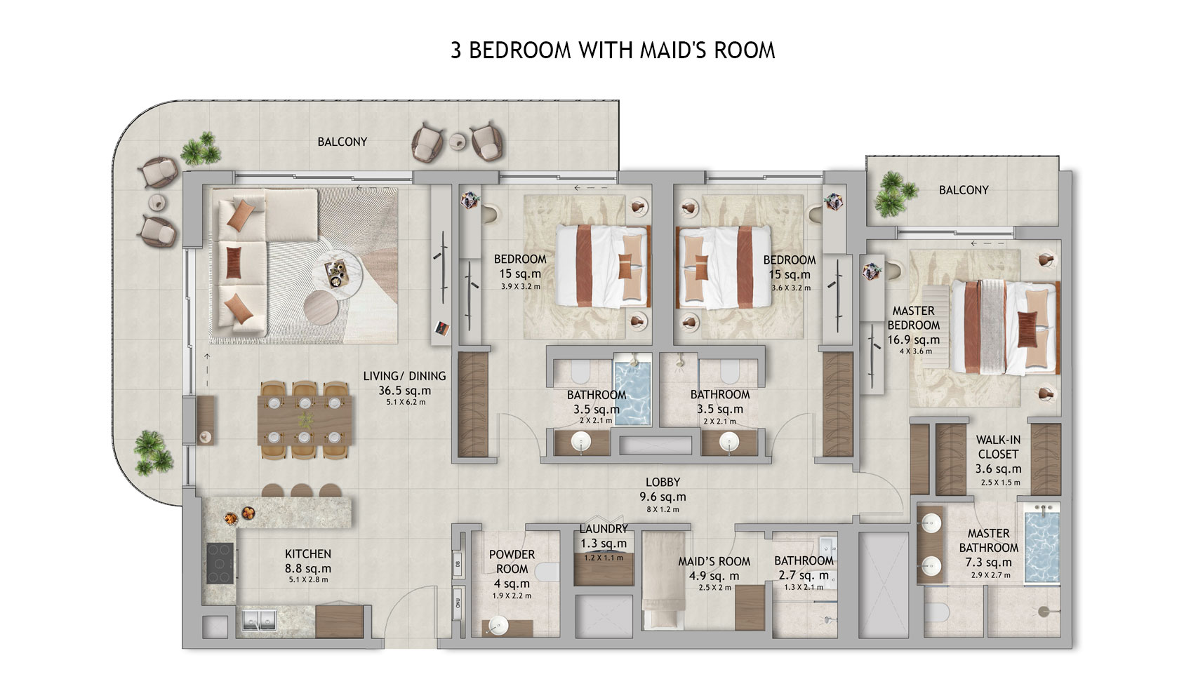 3 Bedrooms Apartment Floor Plan